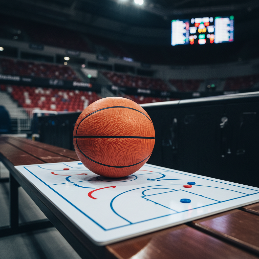 A close-up, photographic image of a basketball resting on a glossy tactics board lying on a wooden sideline bench in a quiet arena. The ball’s pebbled orange surface and black seams are sharply detailed, while the white board shows a half-court layout with clean, schematic markings and abstract arrows, intentionally free of text. In the background, rows of out-of-focus seats and a hint of a digital scoreboard suggest a European professional setting. Cool, controlled arena lighting creates gentle highlights on the ball and board, with a shallow depth of field that keeps the mood focused and cerebral, evoking meticulous strategic analysis rather than game-day chaos.
