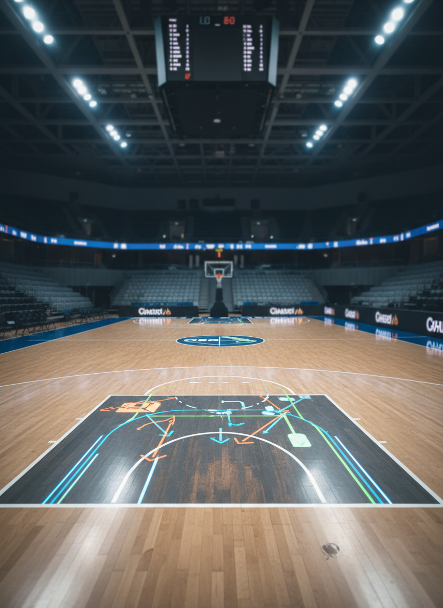 A pristine, high-end indoor basketball court photographed from mid-court, with a polished wood floor reflecting the bright arena lights above. The central focus is a meticulously detailed tactical half-court diagram projected onto the floor, with crisp lines, arrows, and zones, all rendered abstractly without readable text. Around the periphery, blurred outlines of digital scoreboards and seating create a sense of a modern European arena. Cool, even overhead lighting emphasizes clarity and precision, casting subtle reflections and shadows. Captured at eye level with a slightly wide lens, the composition feels analytical and editorial, echoing the tone of a professional strategic sports publication focused on dissecting the game.