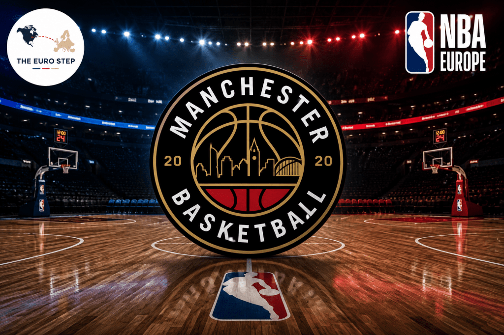 Logo of Manchester Basketball with a basketball graphic set against a basketball court background, featuring elements of the NBA and The Euro Step branding.