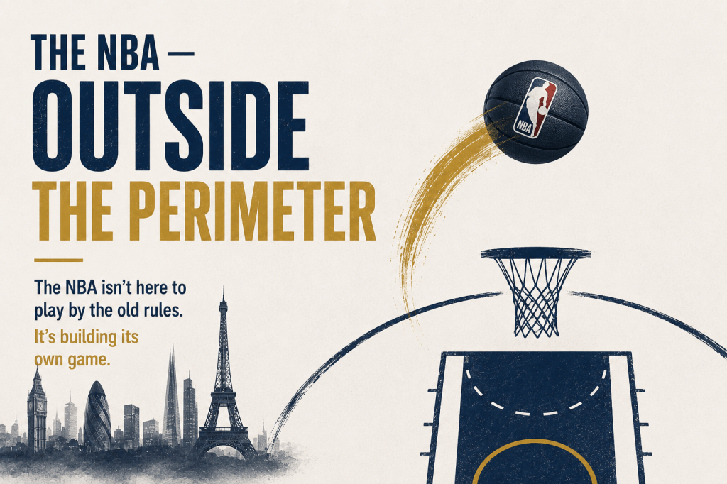 Graphic promoting the NBA's innovative approach, featuring a basketball in flight towards a hoop, with famous landmarks in the background and text highlighting the theme 'Outside the Perimeter'.