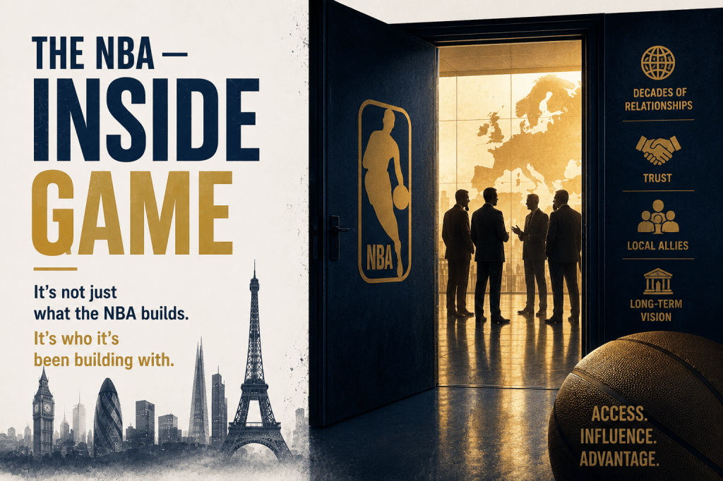 A graphic promoting the NBA, featuring silhouetted figures in business attire standing in front of a large window showing a map of Europe. The text includes 'The NBA - Inside Game' and various phrases about relationships, trust, local allies, and long-term vision, accompanied by images of landmarks and a basketball.