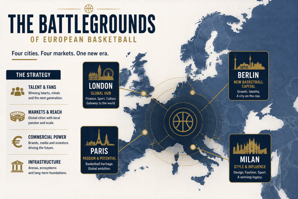 Map highlighting four key cities in European basketball: London, Berlin, Paris, and Milan, with descriptive labels and key themes about each city's role in the sport.