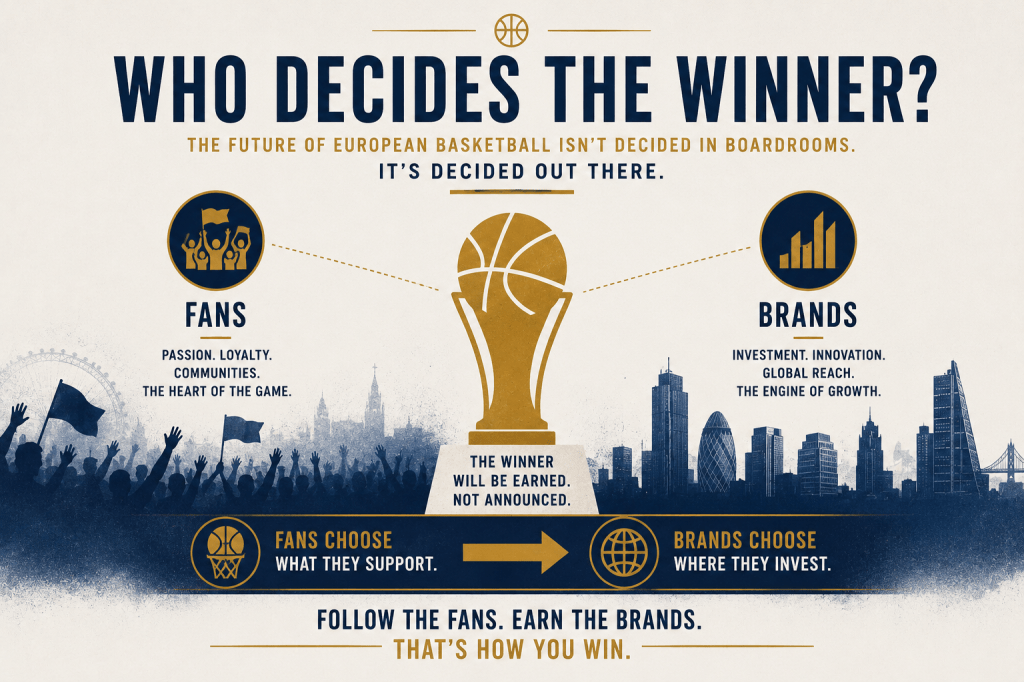 Infographic highlighting the role of fans and brands in determining success in European basketball, emphasizing fans' passion and loyalty versus brands' investment and innovation.