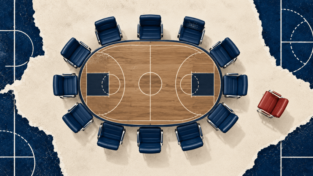 Twelve navy chairs surround a basketball court-shaped boardroom table, while a thirteenth red chair sits outside.