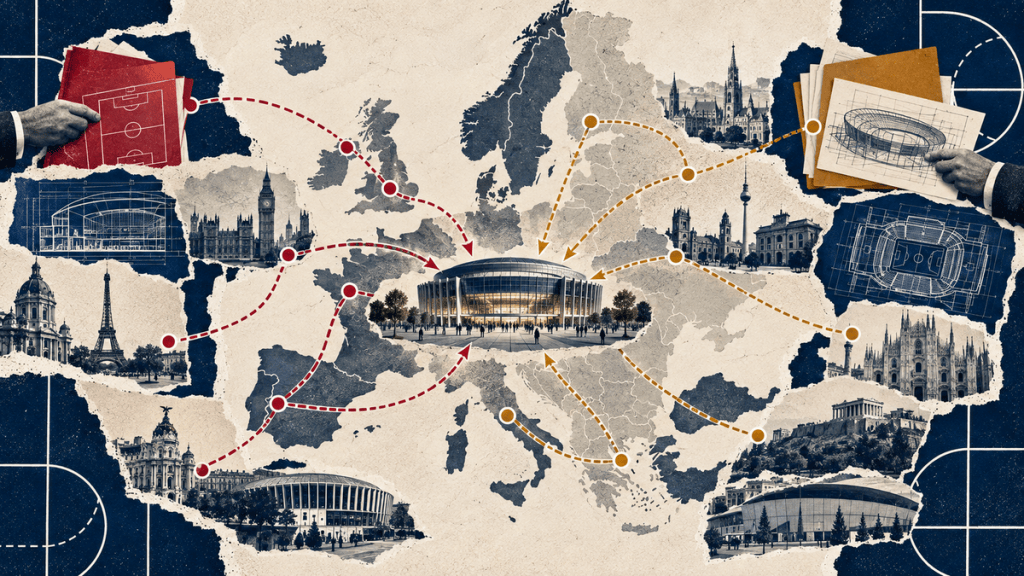 Editorial map of Europe with bid documents and arena plans, as competing investment routes converge on one central basketball venue.
