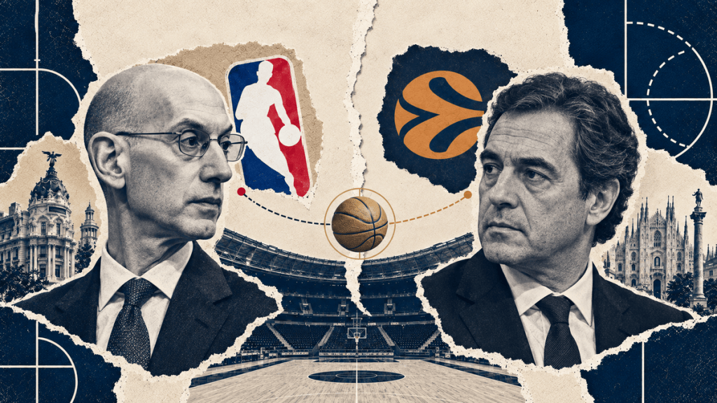     Stylised editorial illustration of NBA commissioner Adam Silver and EuroLeague CEO Chus Bueno facing one another across NBA and EuroLeague symbols.
